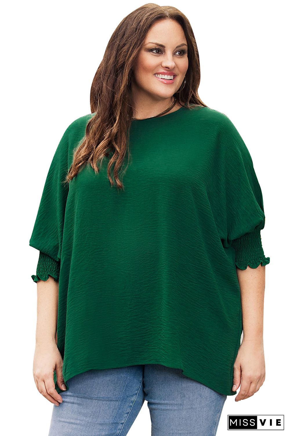 Green Crinkle Texture Puff Sleeve Plus Size Top