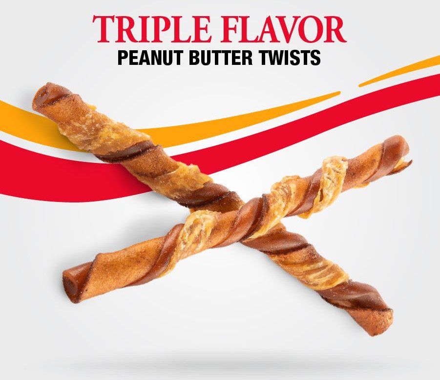 Good 'n' Fun Triple Flavor Peanut Butter Twists Dog Rawhide Treat， 4.7-oz bag， 18 count