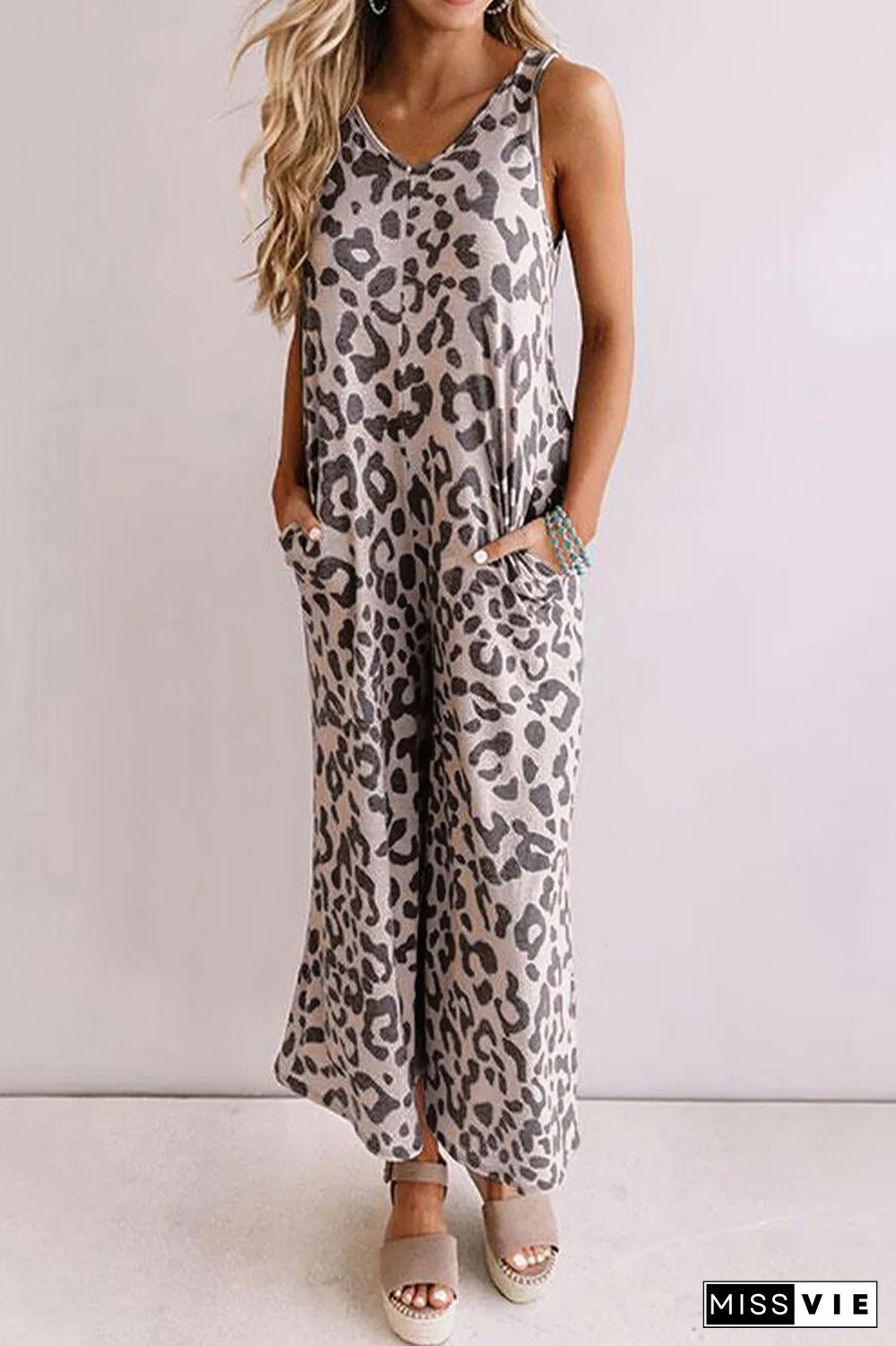 Leopard Sleeveless Jumpsuit with Pockets