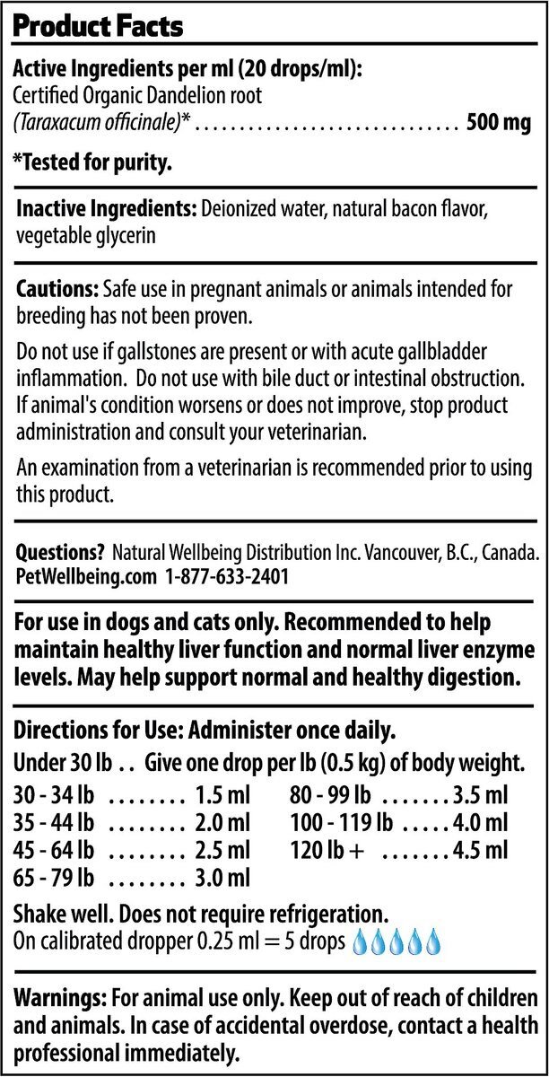 Pet Wellbeing Dandelion Root Bacon Flavored Liquid Digestive and Liver Supplement for Cats and Dogs