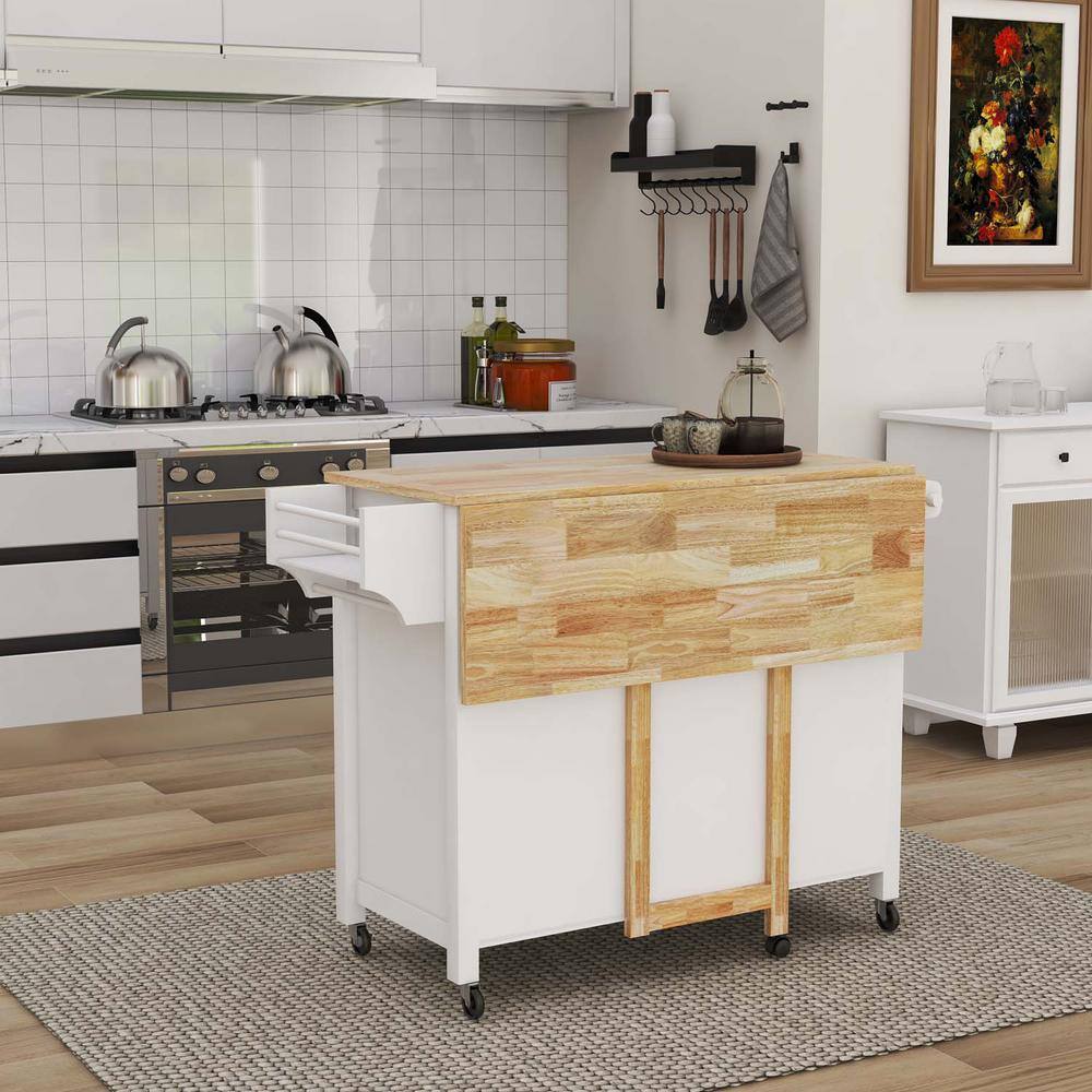 Double Door Kitchen Island White with Lockable Wheels Towel Rack Storage Drawer and 3-Open Shelves LN1228CA-K1