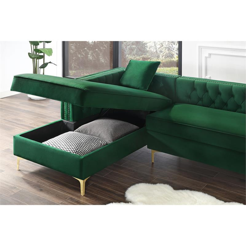 Levi Sofas Hunter Green Velvet 70L x 115W x 30H Gold Nailhead Trim Button Tufted   Midcentury   Sectional Sofas   by Homesquare  Houzz