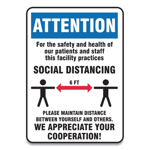 Accuform Social Distance Signs， Wall， 7 x 10， Patients and Staff Social Distancing， Humans/Arrows， Blue/White， 10/Pack (MGNG903VPESP)