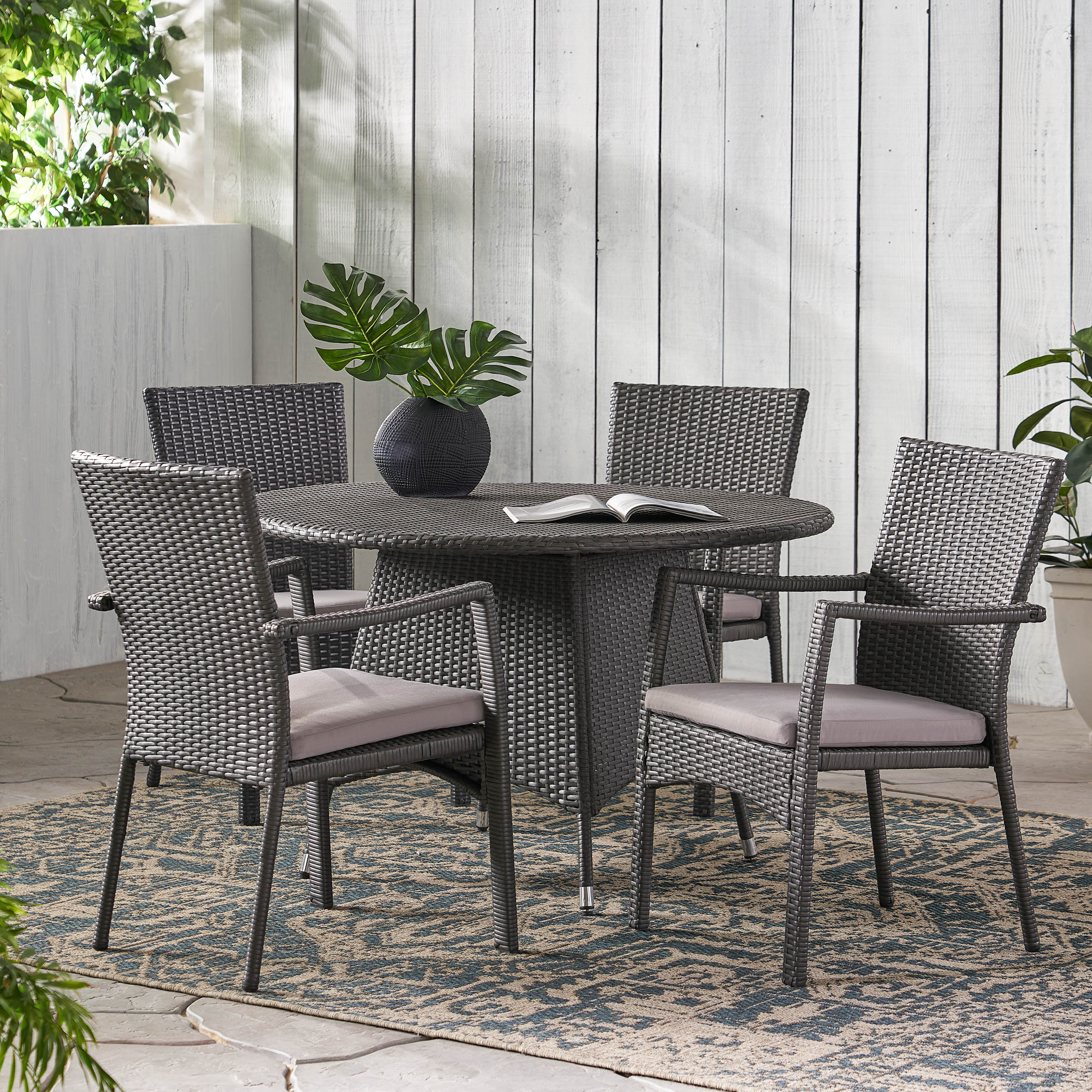 Oxford Outdoor 5 Piece Grey Wicker Dining Set with Cushions