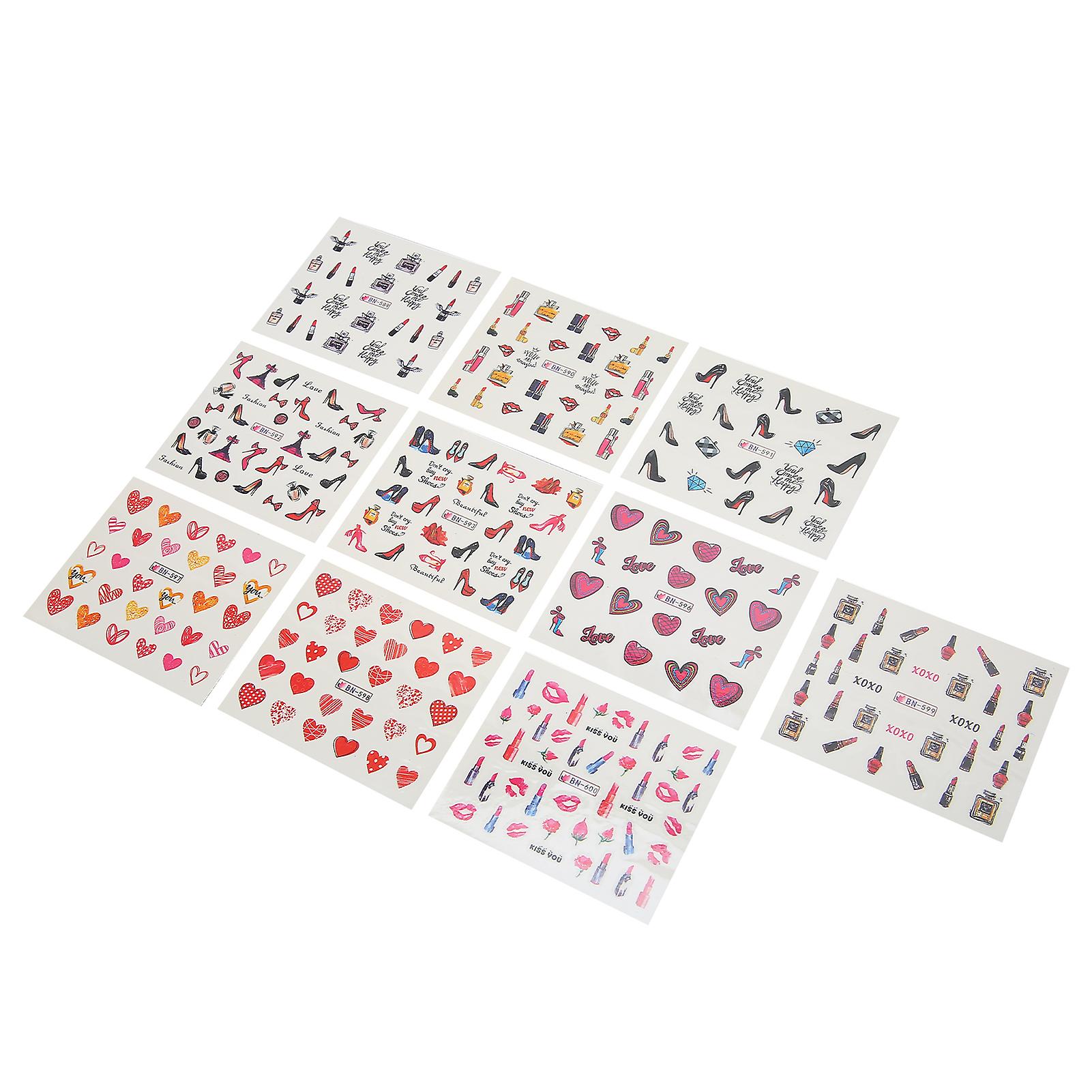 10 Sheet/set Nail Art Sticker Lipstick High Heels Pattern Stickers Self Adhesive Nail Art Stickers