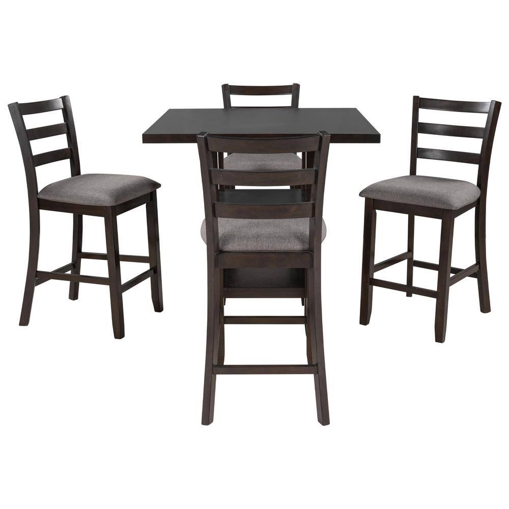 ANBAZAR 5-Piece Espresso Wood Counter Height Dining Table Set 4-Seats Square Table Set with 4 Padded Chairs and 2-Tier Shelves 01668ANNA-P