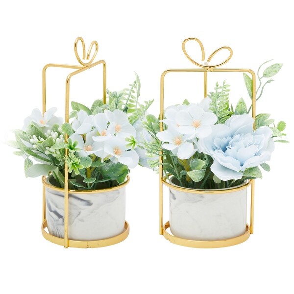 Faux Hydrangea Flowers and Ceramic Planter with Stand，Artificial Potted Plants