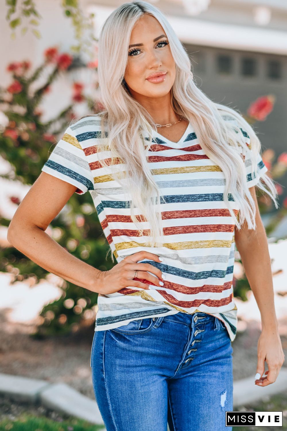 Multicolor Stripes V Neck T-Shirt