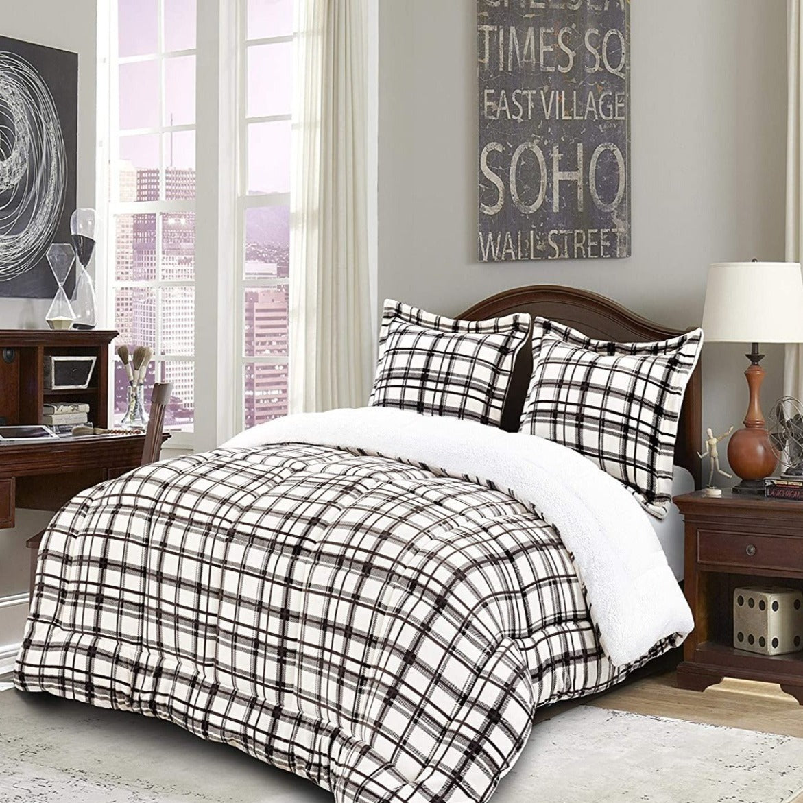 Softest Coziest Plaid Pattern Sherpa Premium Quality Down Alternative Micro-Suede 3-Piece Reversible Comforter Set