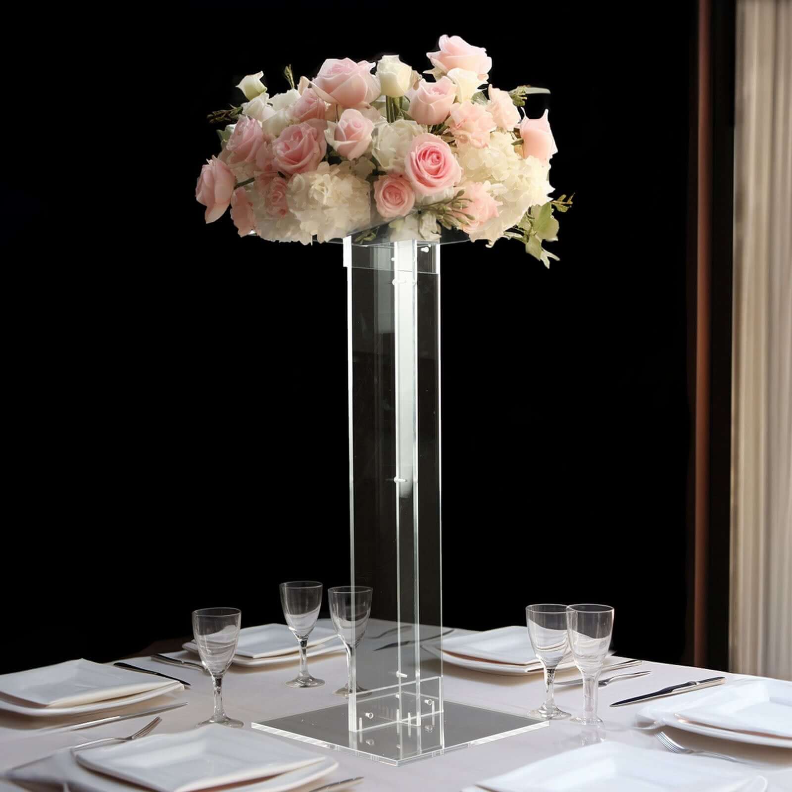 Heavy Duty Acrylic Wedding Display Stand with Square Bases, Clear Plexiglass Flower Pedestal Stand 10mm Thick Plate 32