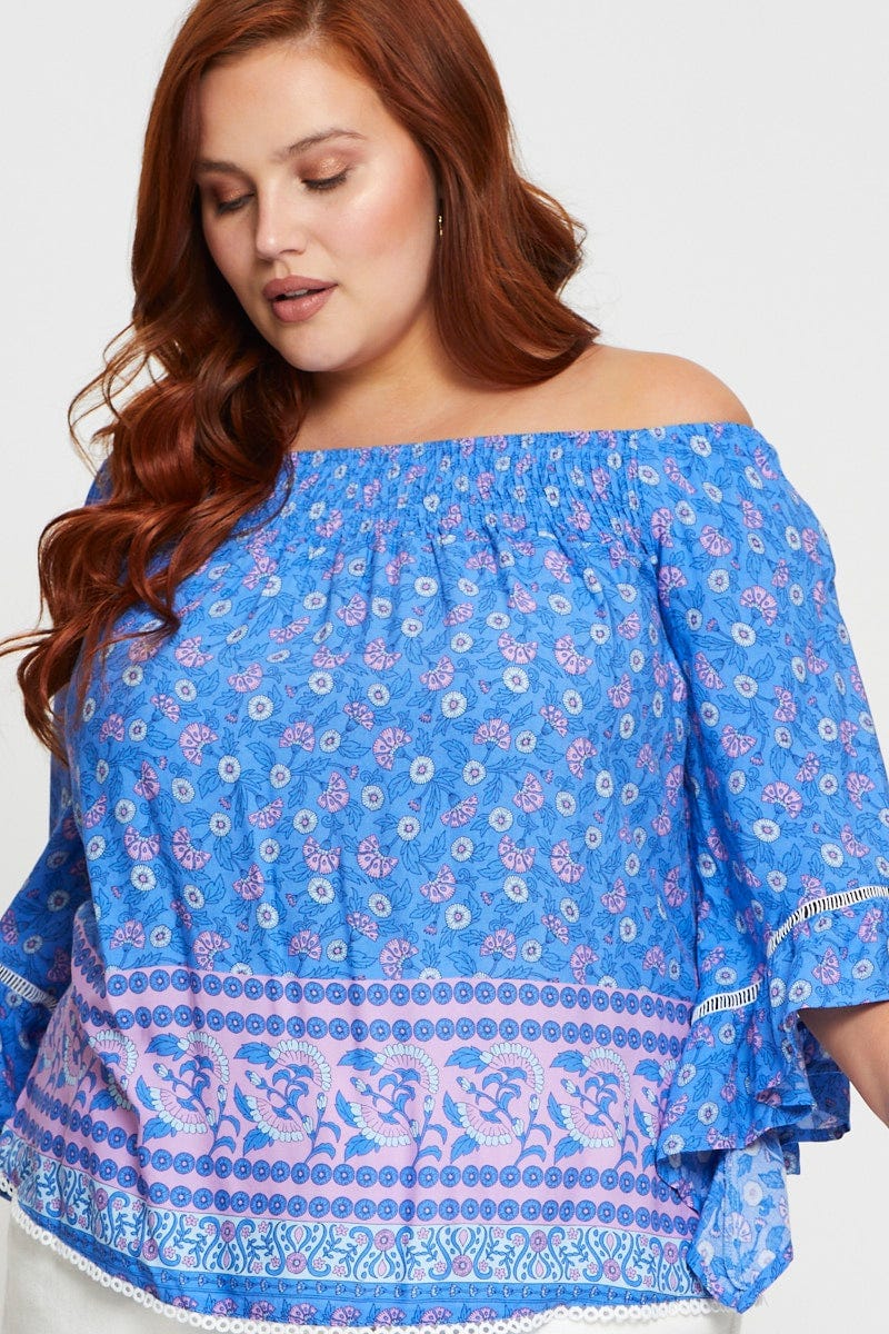 Boho Print Shell Top Half Sleeve Ruffle