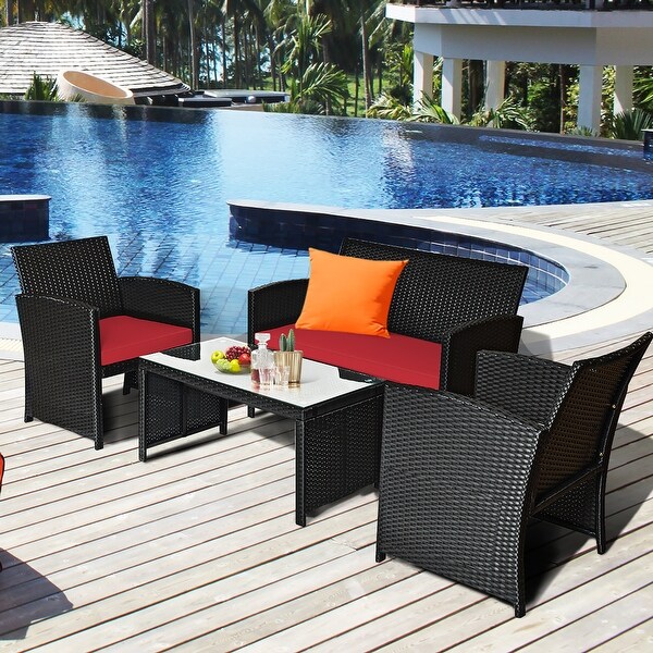 Costway 8PCS Patio Rattan Furniture Conversation Set Cushion Sofa