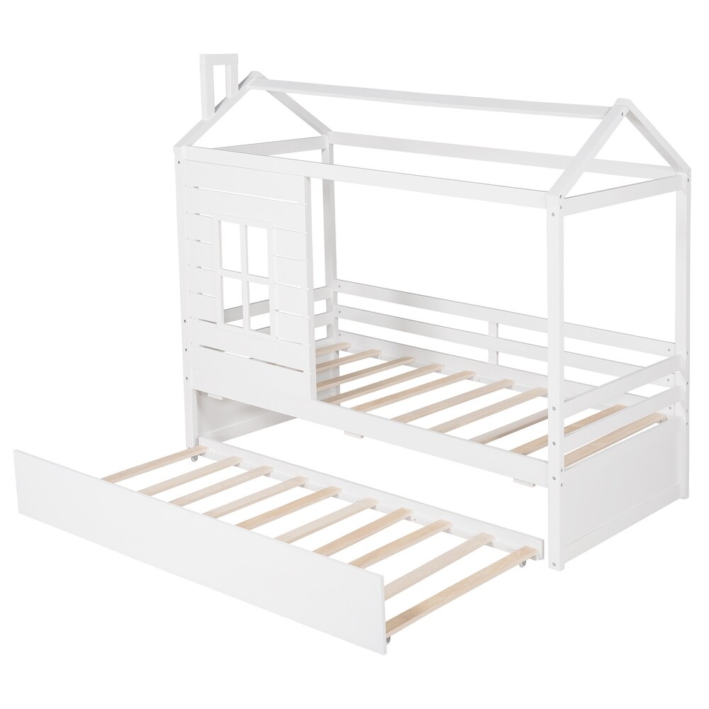 Solid Wood Twin House Bed with Trundle for Kids  White