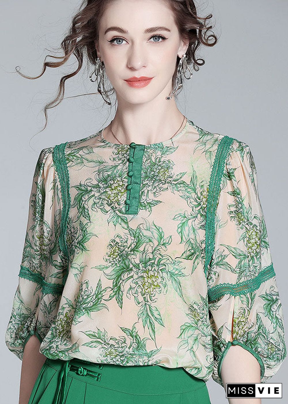 Natural Green O Neck Lace Patchwork Print Silk T Shirt Spring