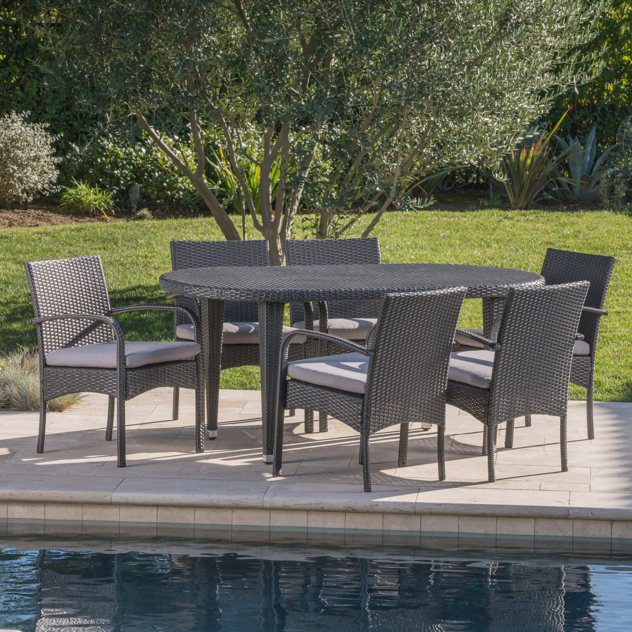 Carpenter Outdoor 7 Piece Gray Wicker Dining Set with Gray Water Resistant Cushions