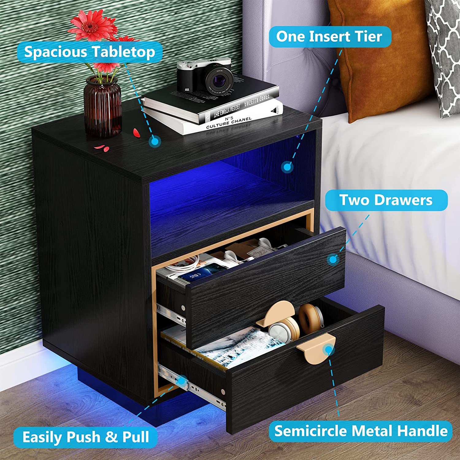 Tribesigns Led Sofa End Tables with 2 Drawers, Wood Bedside Table, Nightstand with LED Lights, Black