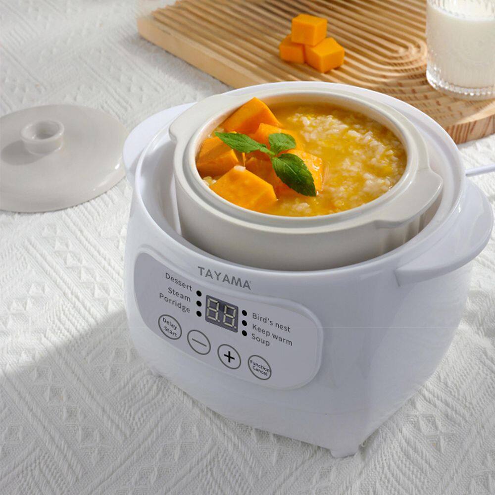 Tayama 1 qt. White Mini Ceramic Stew Slow Cooker with Pre-Settings and Built-In Timer TSP-100