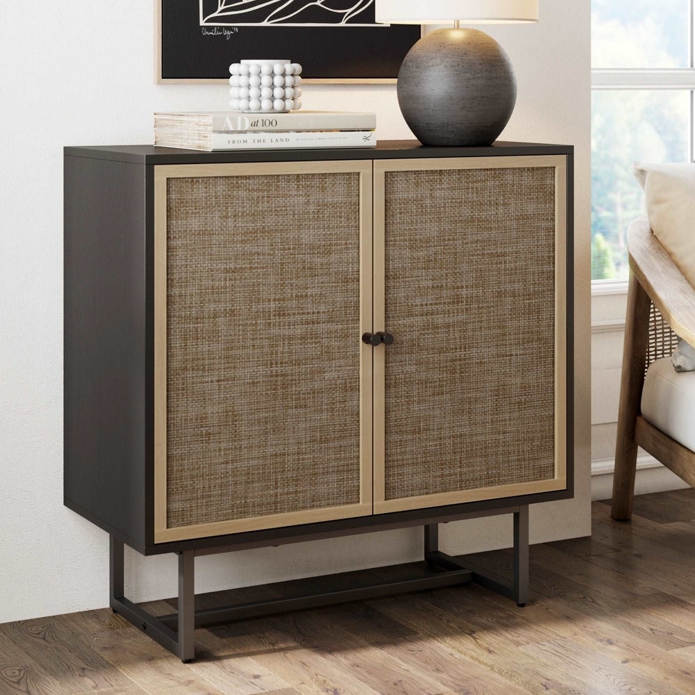 Nathan James Kova Natural Cane Rattan Doors Accent Cabinet with Metal Base and Adjustable Shelf