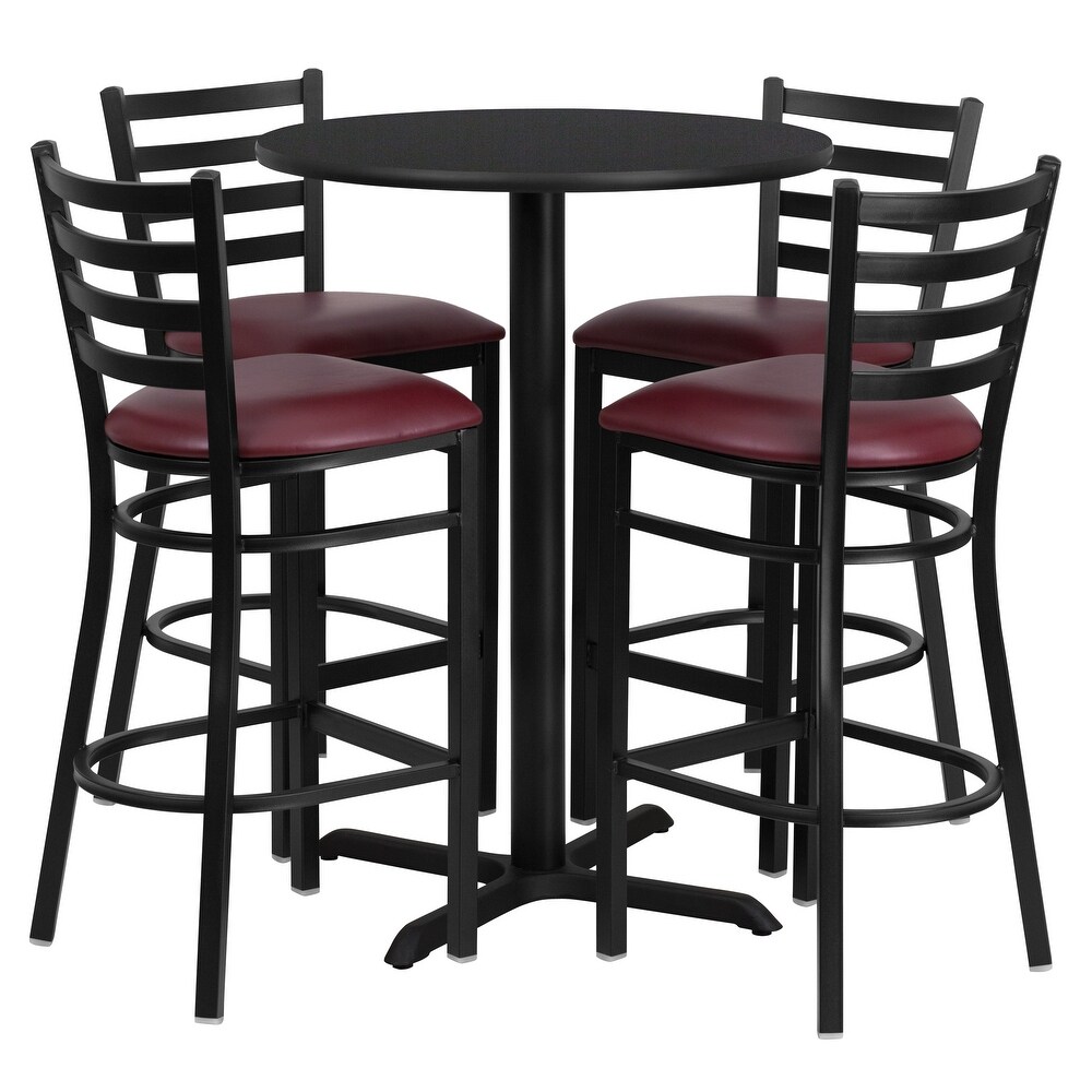 30'' Round Laminate Table Set with X Base and 4 Ladder Back Metal Barstools