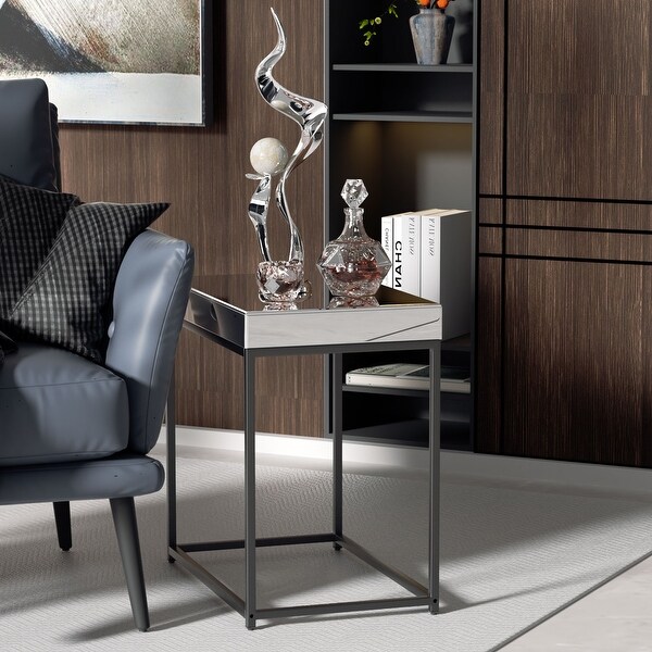 Rectangle End Table Tall Mirrored Side Accent Table with Metal Frame