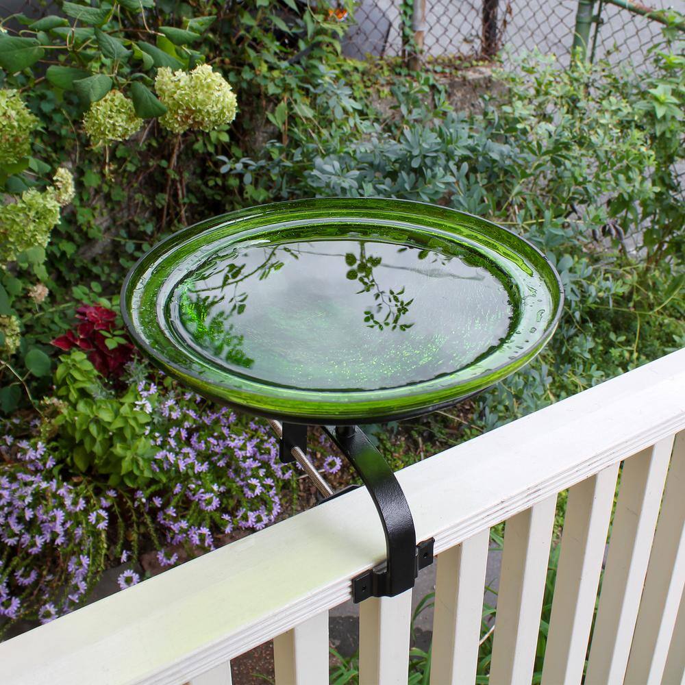 ACHLA DESIGNS 12.5 in. Dia Round Fern Green Crackle Glass Birdbath w/Black Wrought Iron Over Rail Bracket CGB-05FG-OR2