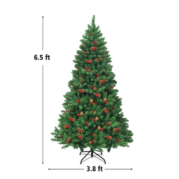 Costway 6.5Ft Prelit Hinged Christmas Tree w/ Pine Cones Red Berries