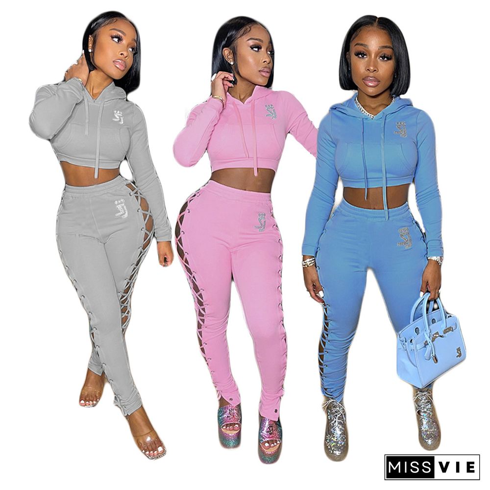 Sexy Solid Color Women Tracksuit Hollow Out Lace Up Long Sleeve Hooded Crop Top Pants 2 Piece Set