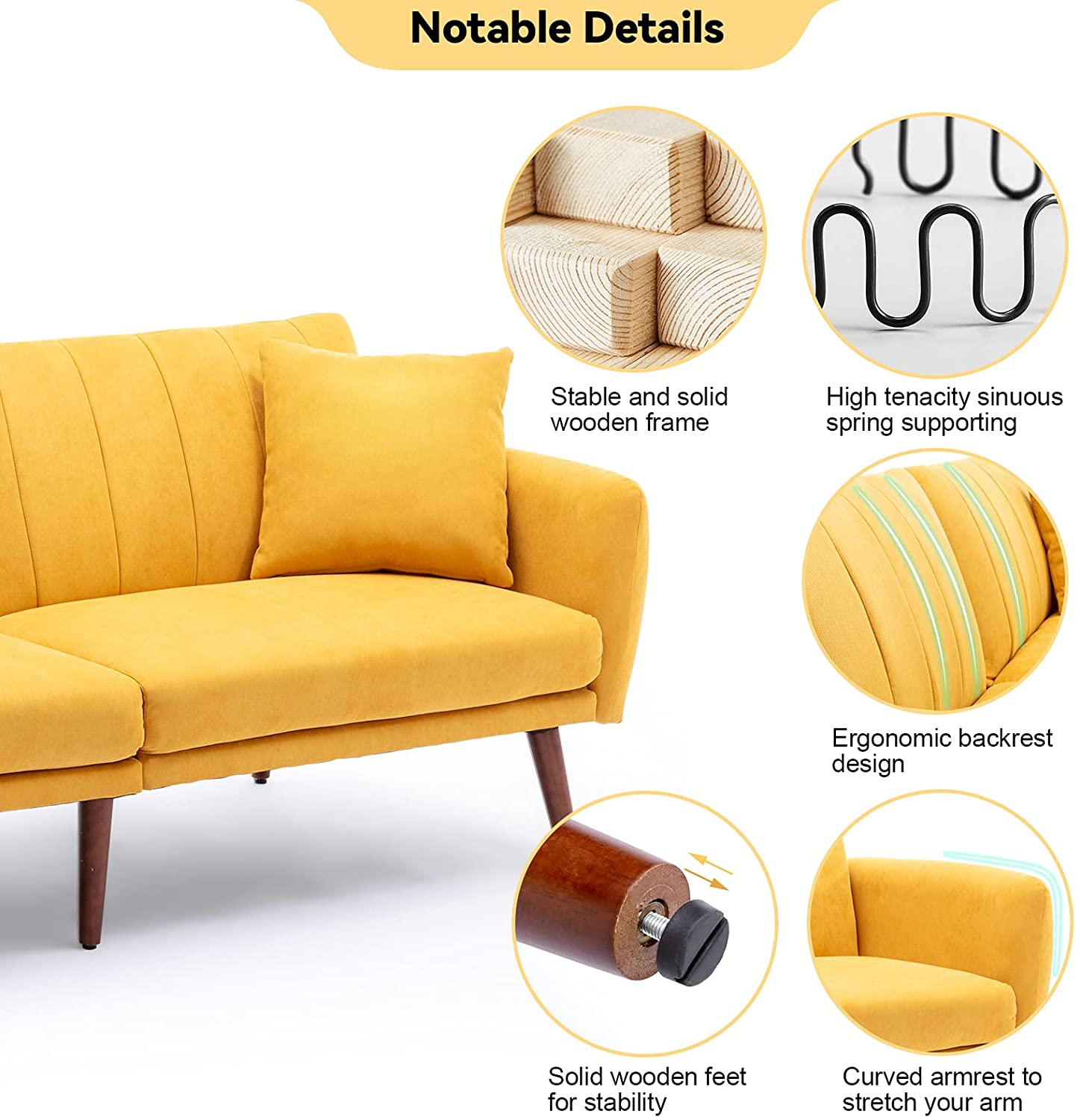 Vicluke Convertible Futon Sofa Bed, Modern Linen Split-Back Folding Sleeper Sofa Couches with Adjustable Backrest, Armrest, Wooden Frame & Leg for Living Room, Apartment, Hotel(Yellow)