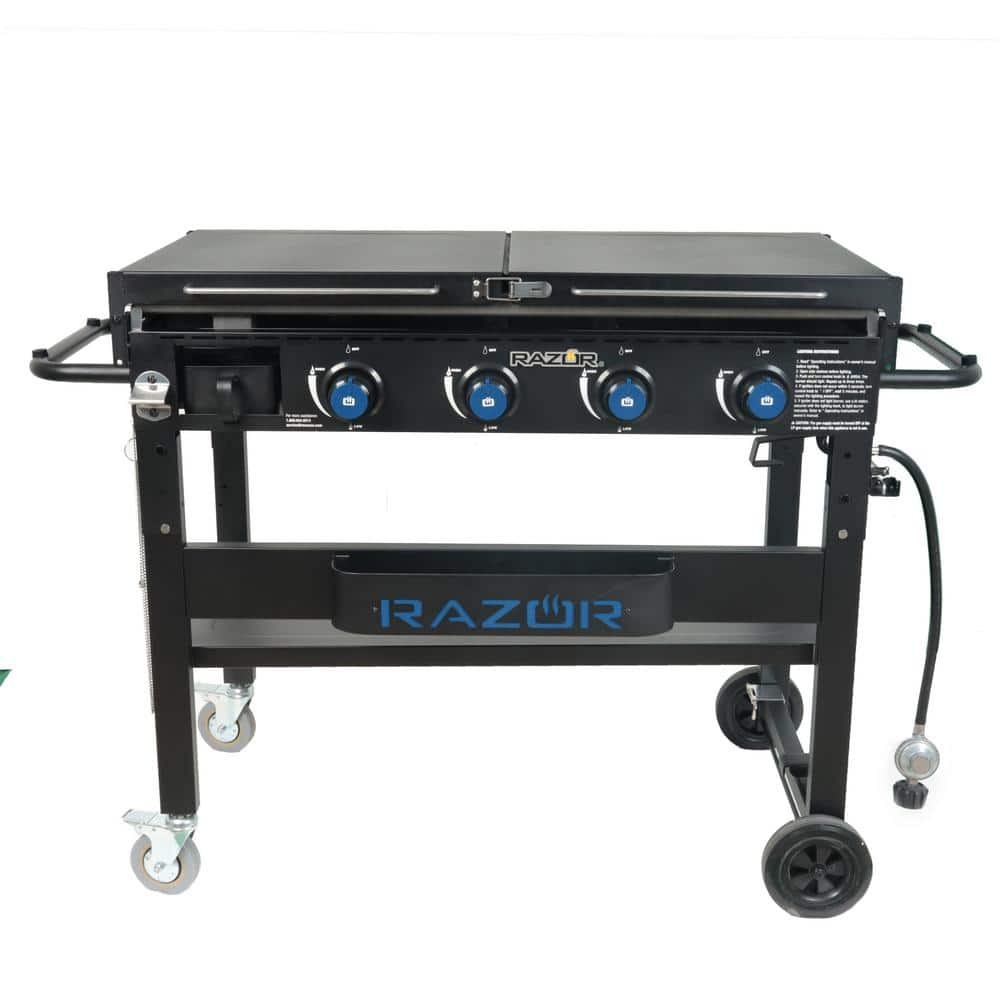 Razor 37 in. 4-Burner Propane Gas Griddle Grill with Foldable Shelves in Black with Condiment Tray and Wind Guards included GGC2241M-A