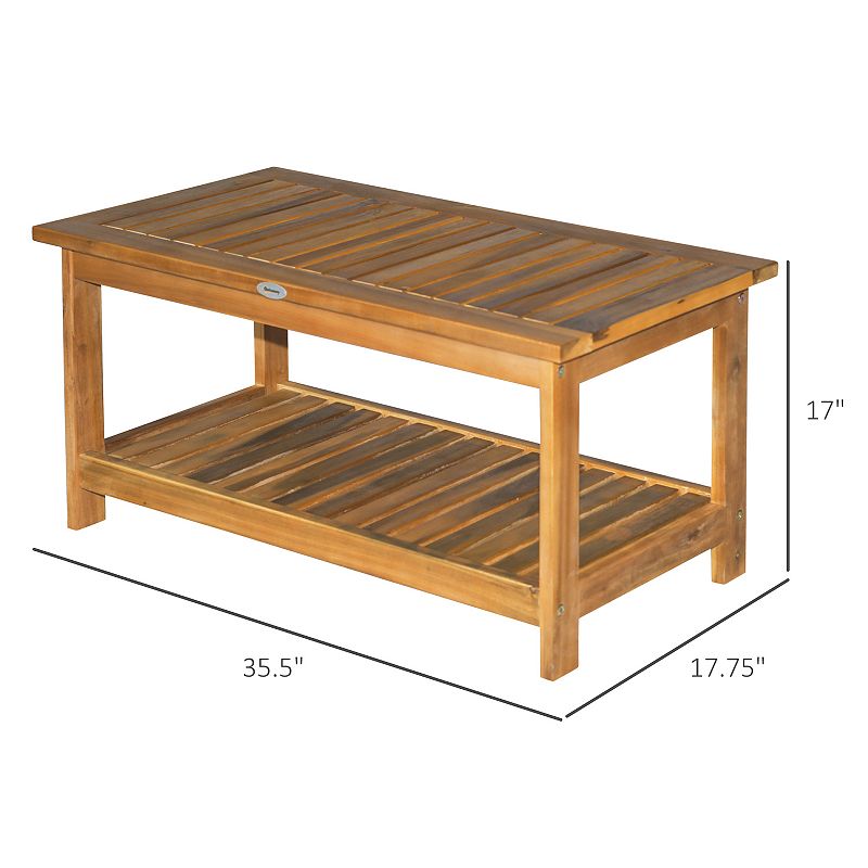 Outsunny Outdoor Coffee Table 2 Shelf Acacia Wood Rectangular Buffet Storage Organizer Natural Finish Teak Patio Deck Lawn Garden 35x17x17