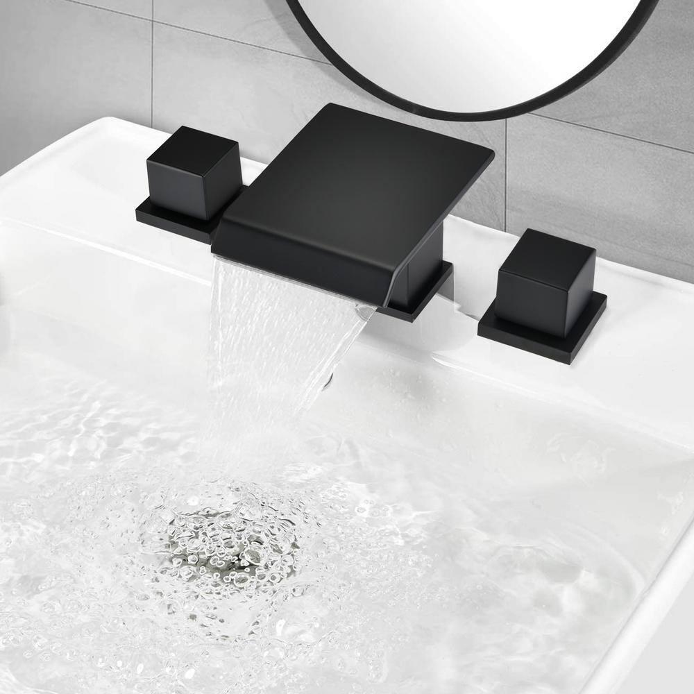 YASINU 8 in Widespread Double Handles Deck Mount Mid Arc Spout Bathroom Faucet and Waterfall Spout in Matte Black