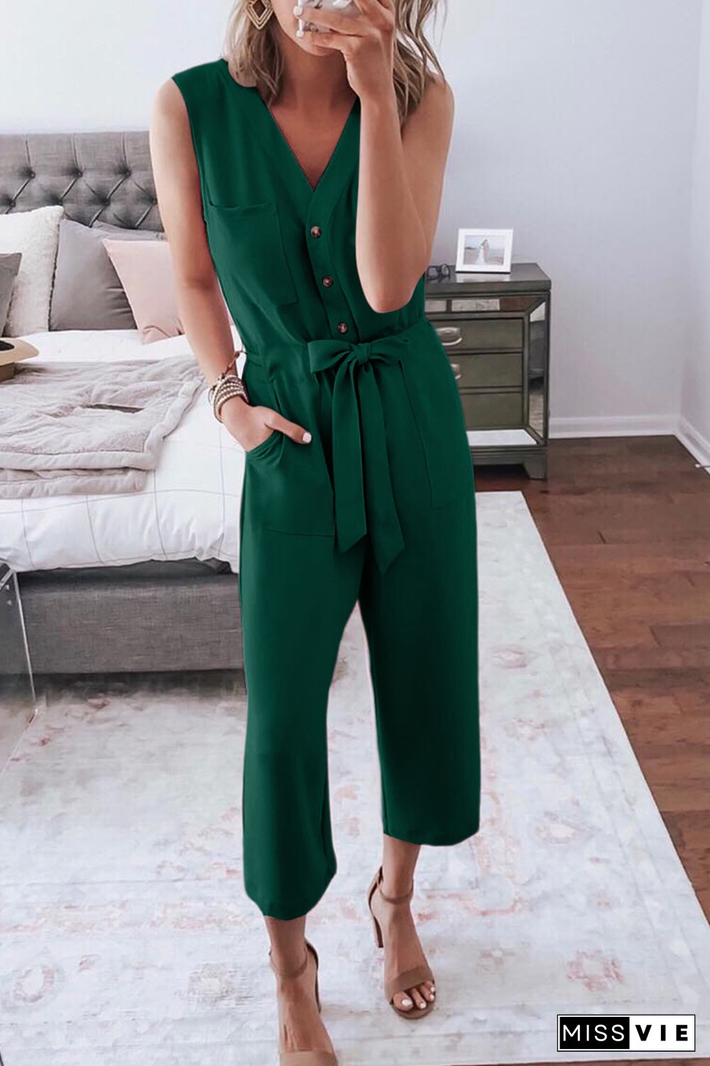 Green Buttoned Sleeveless Cropped Jumpsuit with Sash