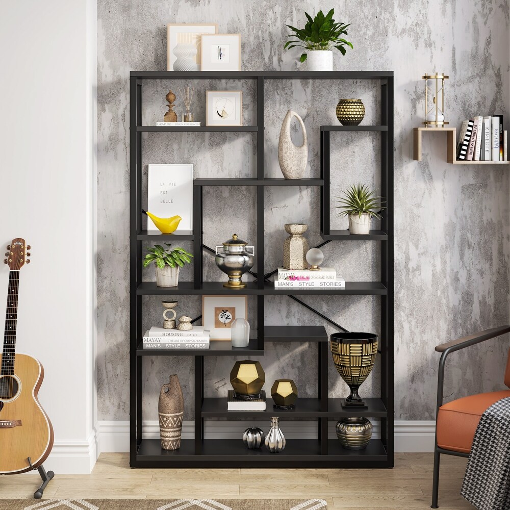 Black Bookshelf 47” Bookcase 9 Tier Tall Book Shelf Rustic Display Shelf