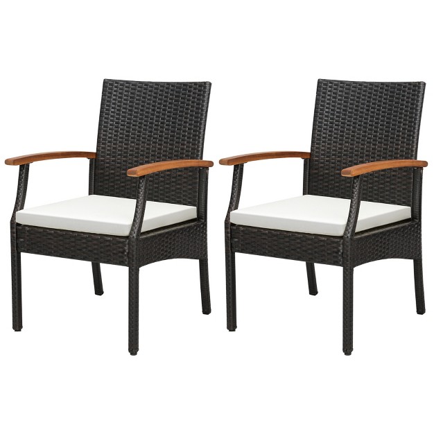 Costway Patio Pe Wicker Chairs Acacia Wood Armrests With Soft Zippered Cushion Balcony