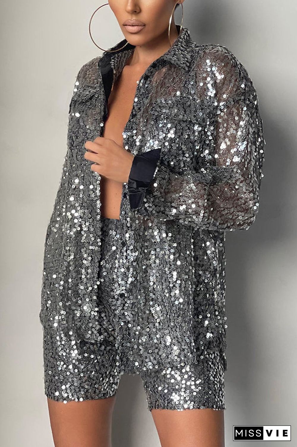 Steel Sequin Oversize Shirt Shorts Set