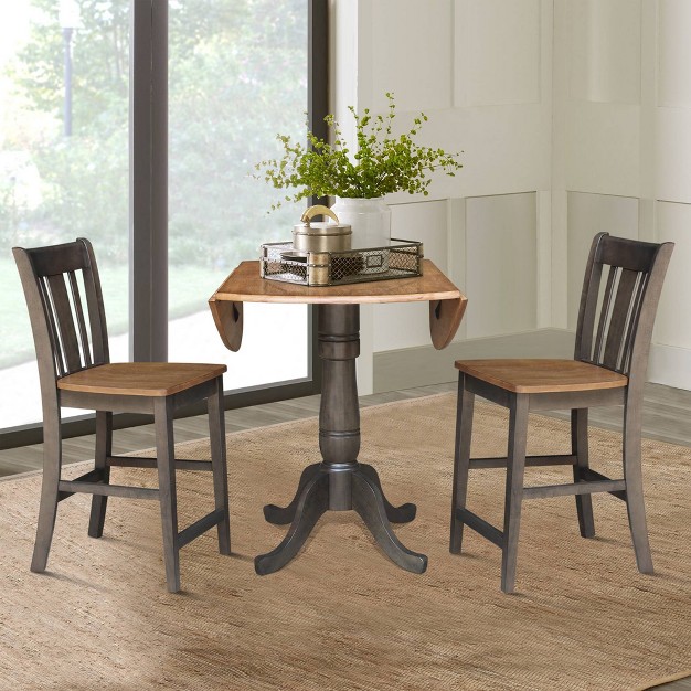 Round Dual Drop Leaf Counter Height Dining Table With 2 Splat Back Stools Hickory washed Coal International Concepts