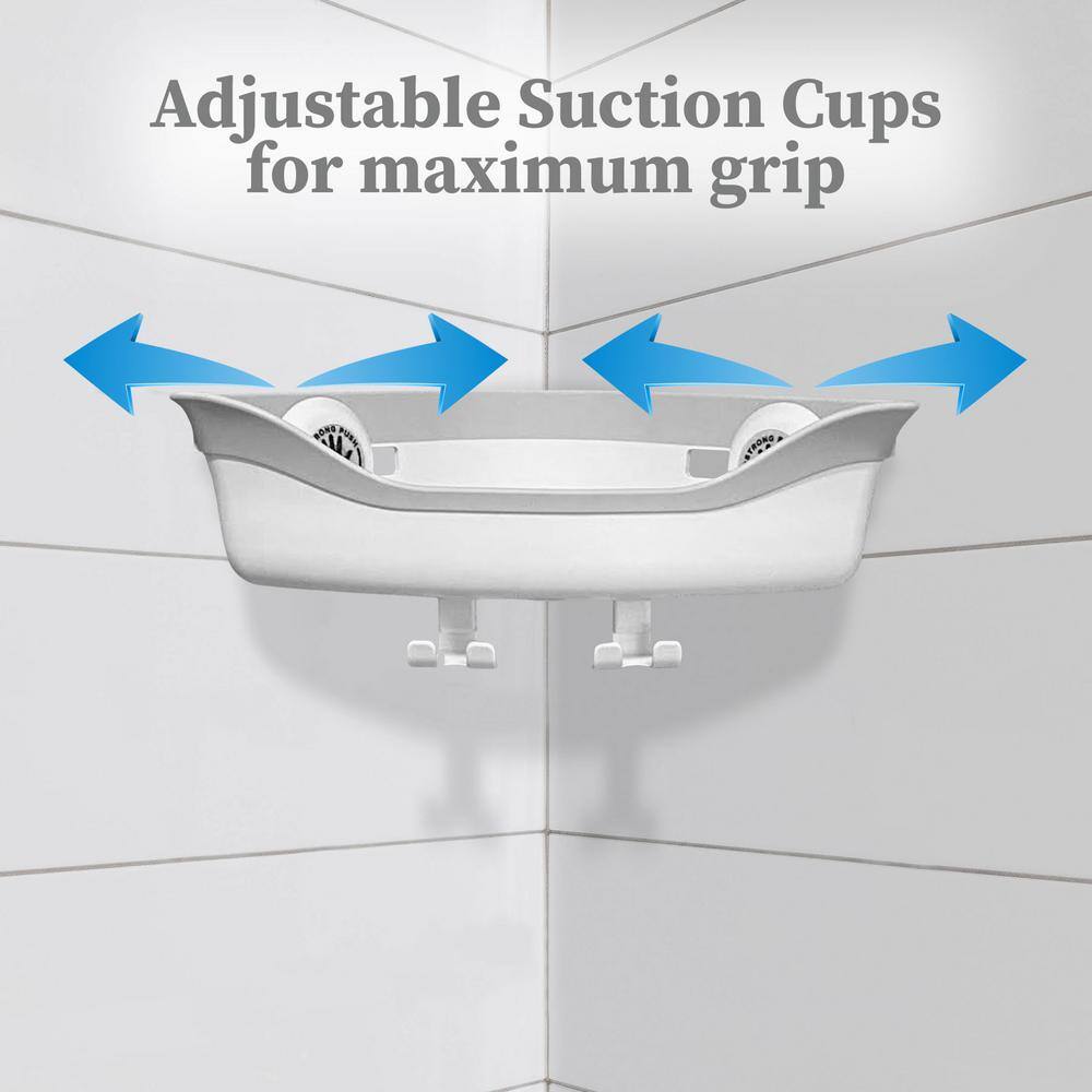 SlipX Solutions Suction Cup Corner Shower Basket Caddy with 2 Hooks White 14030-1