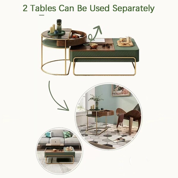 39.37'' Modern Lift-top Nesting Coffee Table Set with Drawer-- Green