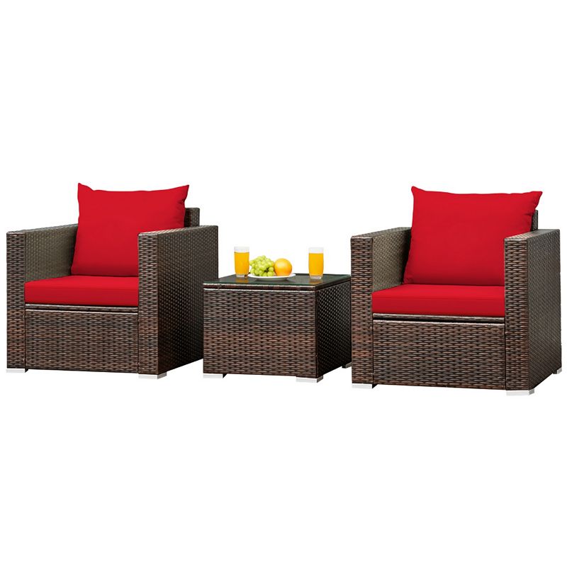 3 Pcs Patio Conversation Rattan Furniture Set with Cushion