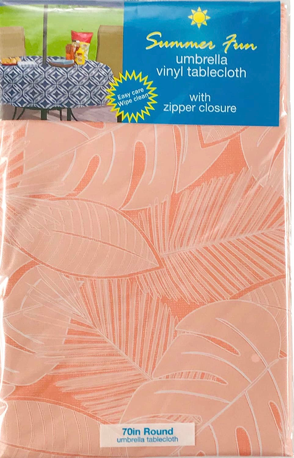 Elrene Summer Palm Leaf Sketch Vinyl Tablecloths: Patio Table Umbrella Tablecloth with Hole with Zipper, 52" x 70" inch Rectangle (Coral)