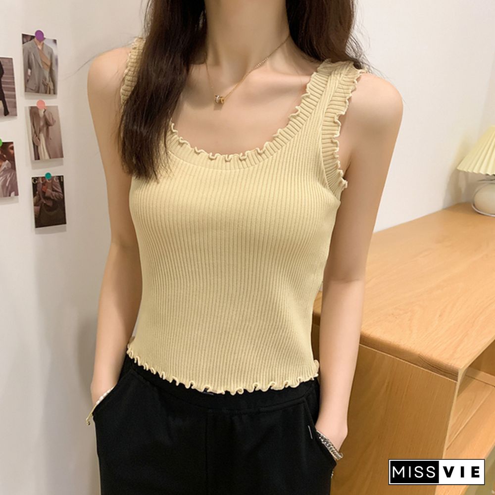 Pearl Diary 7 Colors Rib Knit Tank Tops Lettuce Edge Sexy Sleeveless Tops Summer Candy Color Sweet Tops For Women Beach Hot Top