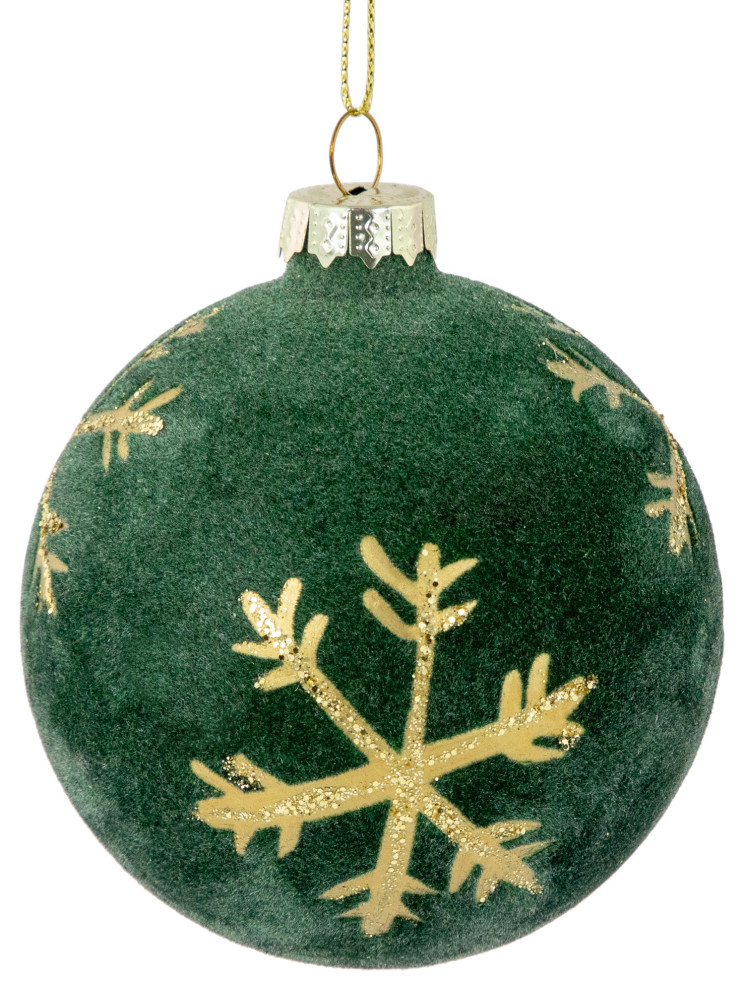 4ct Green Flocked Glass Ball Christmas Ornaments with Gold Snowflakes 3 quot  Modern   Christmas Ornaments   by Northlight Seasonal  Houzz