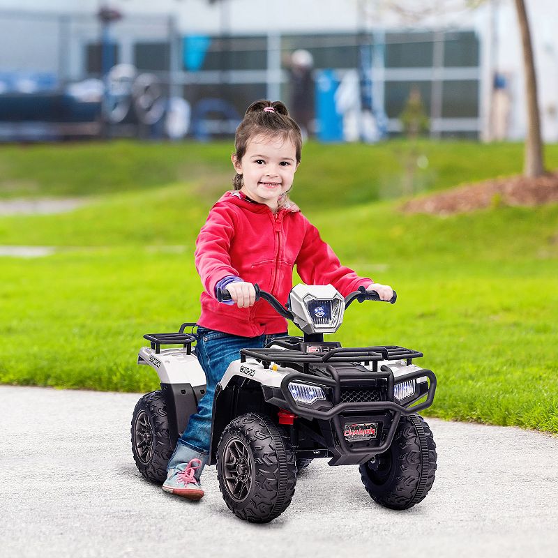 Aosom 12V Kids ATV Battery-Operated with AUX Port and USB， Kids 4 Wheeler with Tough Wear-Resistant Tread， Electric Four Wheeler Kids Ride on Car Electric Car for Ages 3-5， White