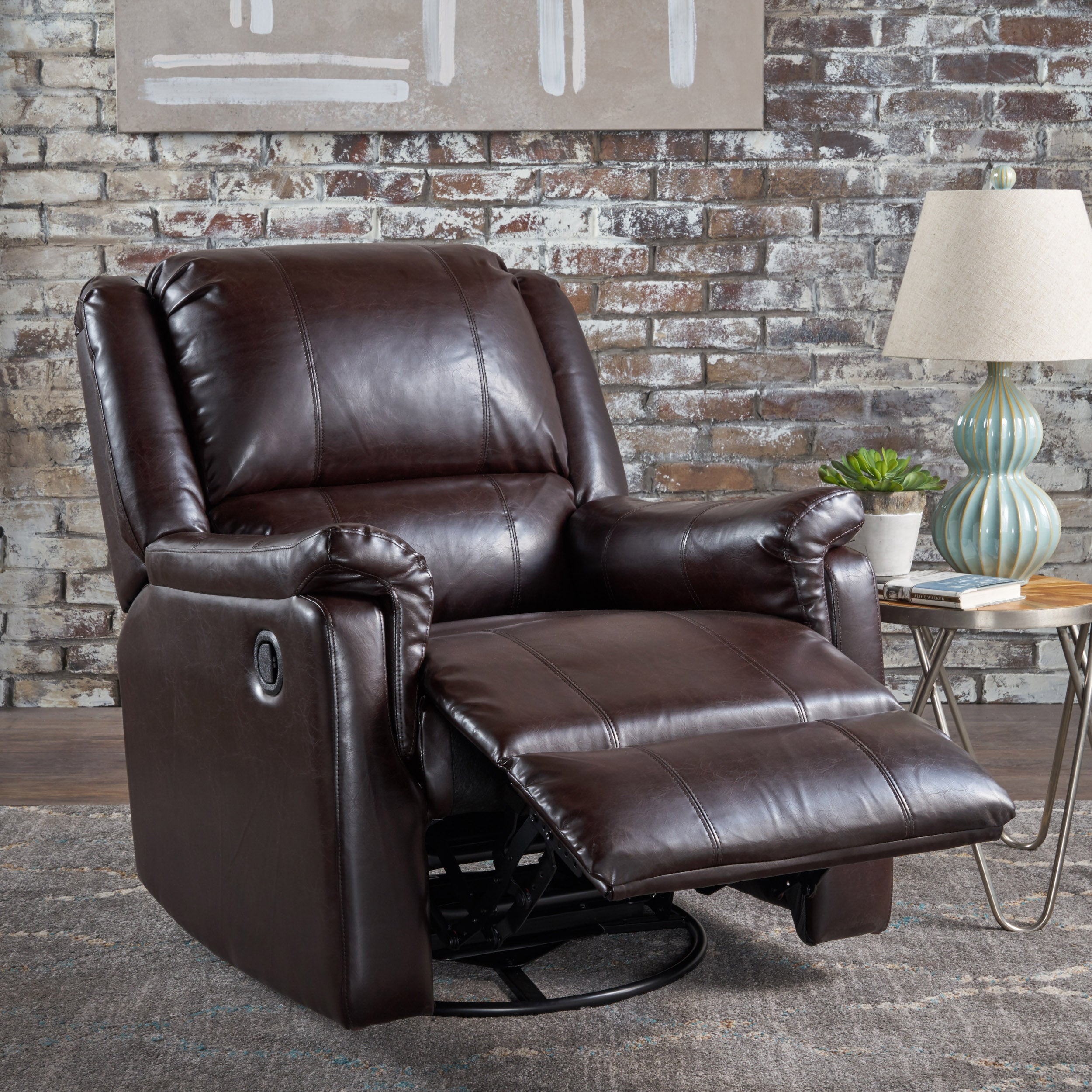 Jemma Tufted Brown Leather Swivel Gliding Recliner Chair