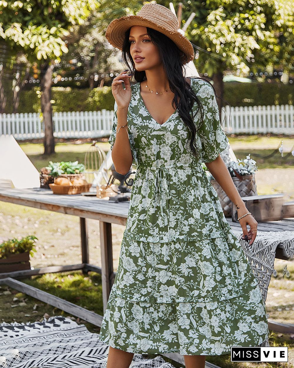 Short Sleeve Floral Midi V Neck Dress