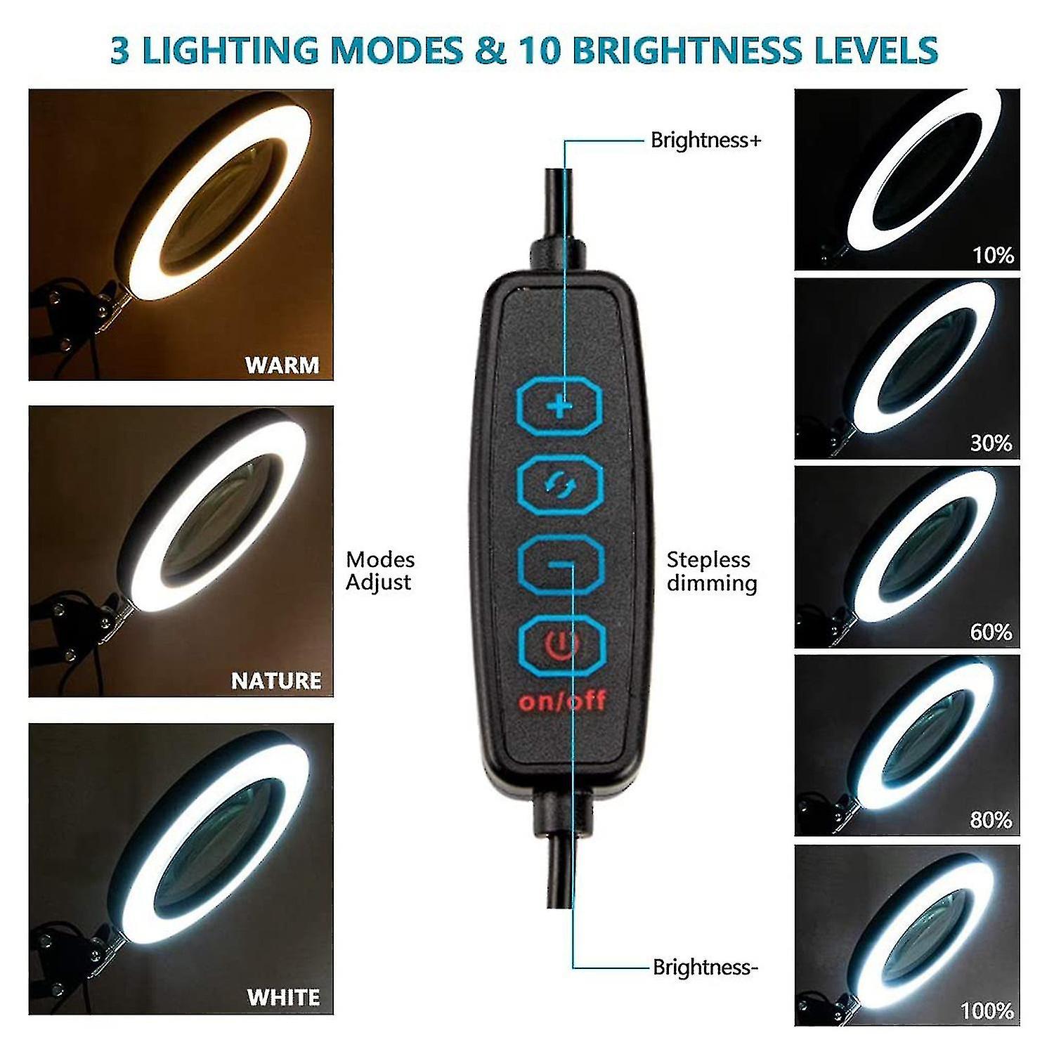 10x Magnifying Glass With Light And 3 Color Modes 10 Brightness Adjustable Magnifying Desk Lamp For