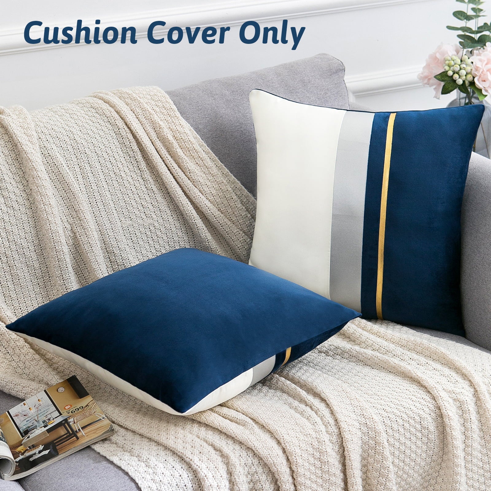 KWLET Navy Blue Patchwork Throw Pillow Covers Velvet Decorative Square Pillowcase for Bedroom Living Room Sofa Car Couch 18x18 inches Set of 2