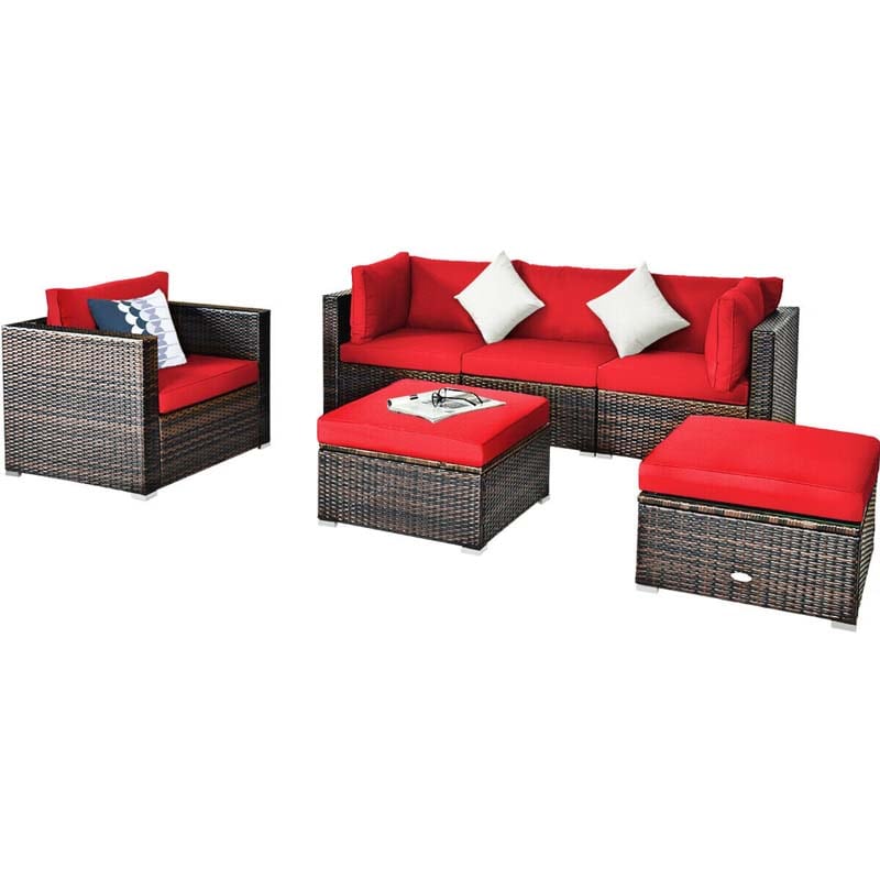 6 Pcs Patio Rattan Sectional Furniture Set Outdoor Conversation Sofa Set with Cushions