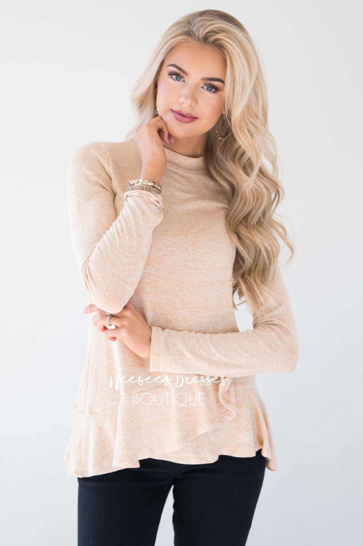 Heather Mustard Double Ruffle Hem Sweater