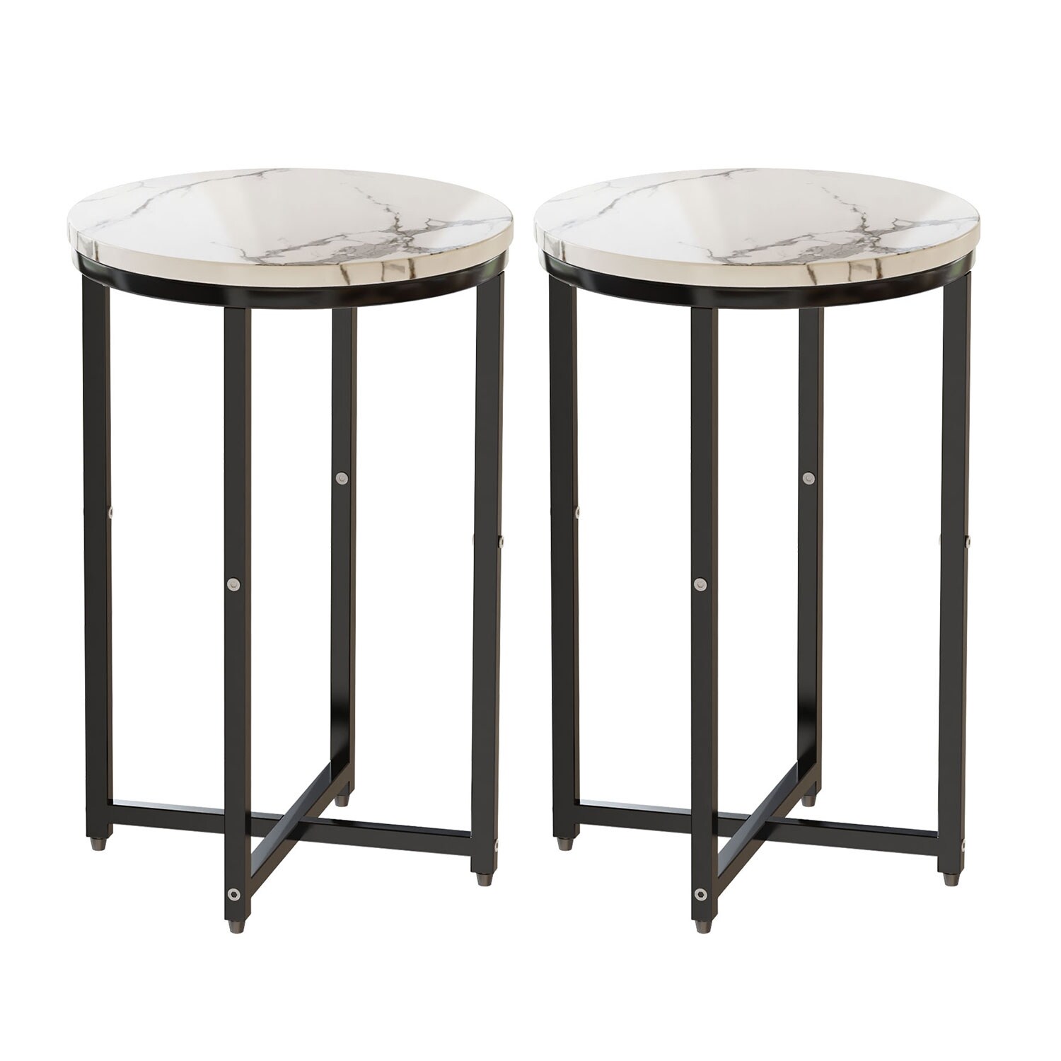 Set of 2 Round End Side Table with Faux Marble Top and Metal Frame